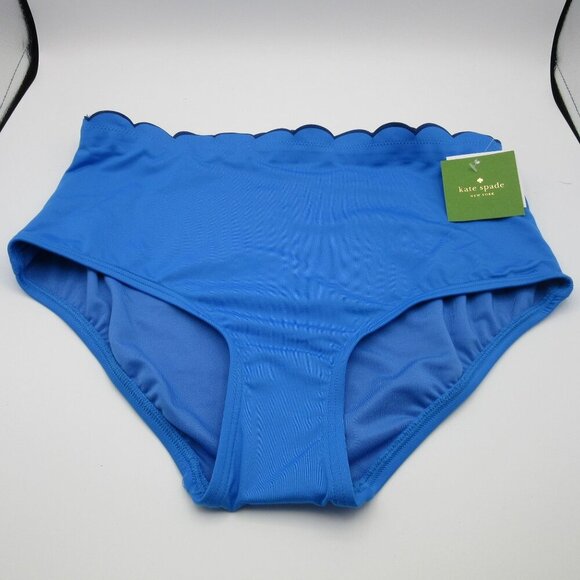 NEW Kate Spade Contrast Scalloped High Waisted Bikini Bottoms Blue Medium Beach - Picture 1 of 5